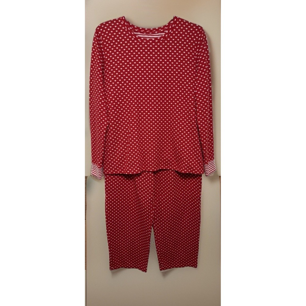 Sleep Sense Pajama Set Women Sz-petite Medium Red Heart Print Long Sleeve Rayon
